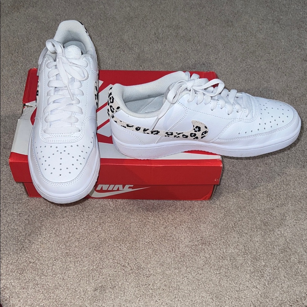 Nike White Sneakers with Animal Print Swoosh